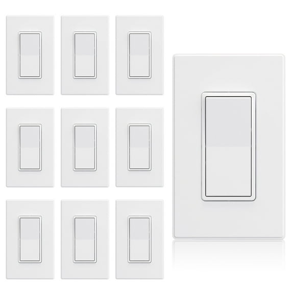 ELEGRP 15 Amp Light Switch Decorator 120V Single Pole Rocker AC Quiet , with Wall Plate, Matt White (10-Pack)