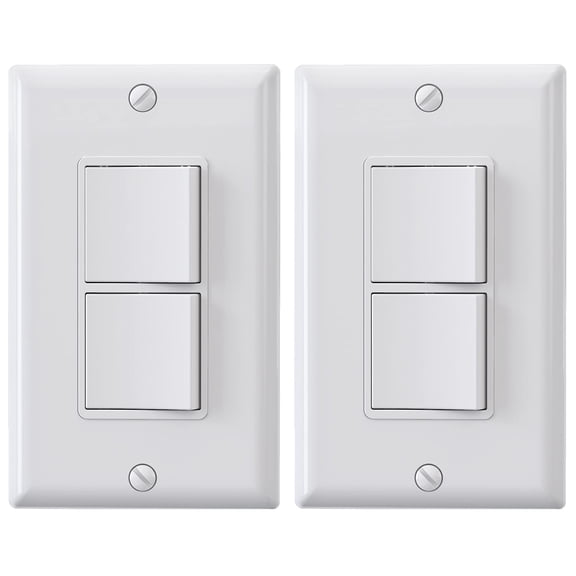 Decorator Double Rocker Light Switch, Two Single Pole Electrical Paddle, 15A 120V, In-Wall On/Off, Self-Grounding, Wall Plate Included, UL Listed (2 Pack, Glossy White)