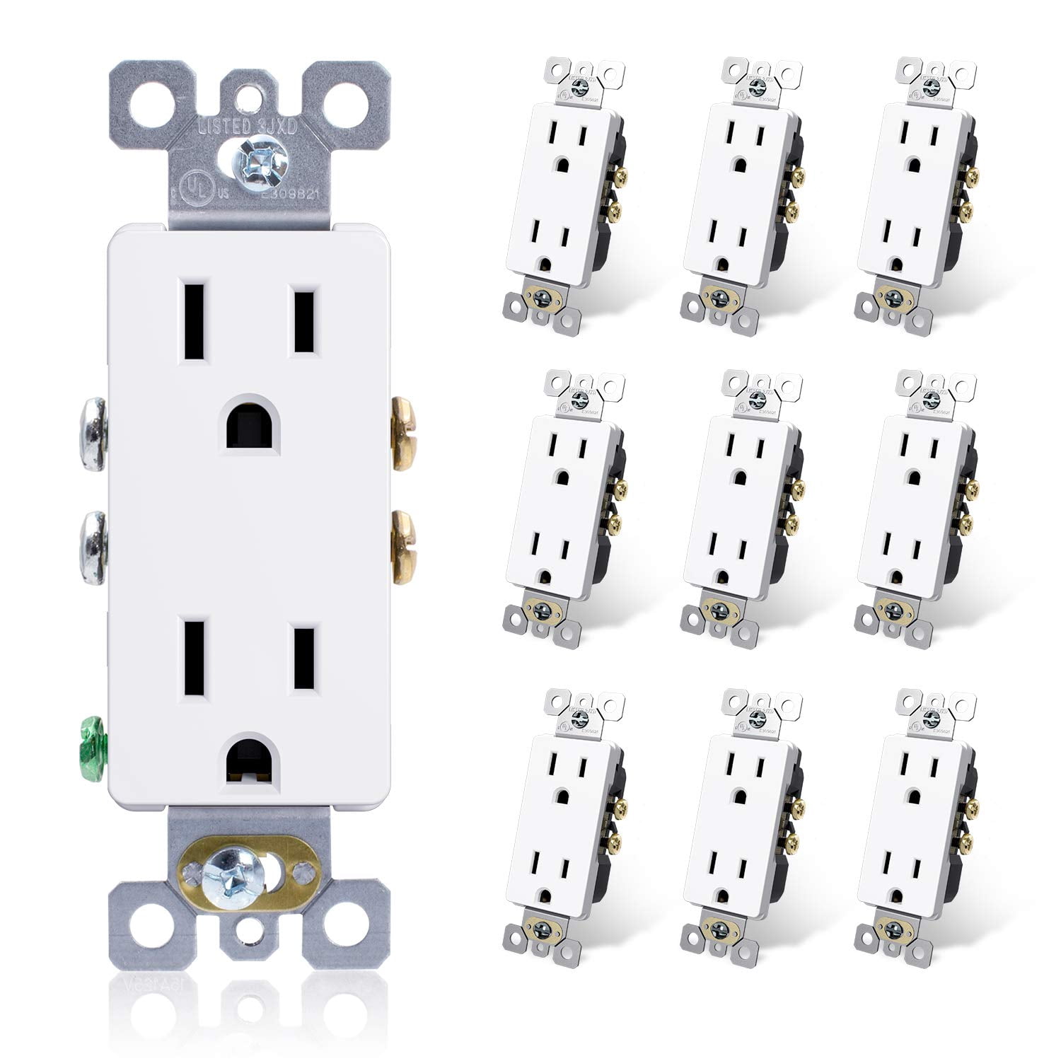 Decorator Receptacle, 15A 125V Standard Electrical Wall Outlet, 2 Pole 3 Wire, Non- Tamper Resistant, NEMA 5-15R, Self-Grounding Residential Grade Outlet, UL (Glossy White, 10 Pack)