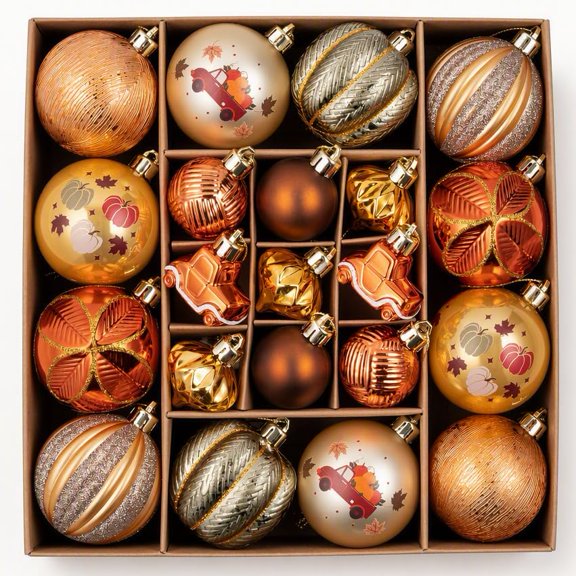 DecorbyHannah 21ct Gold Orange Fall Ornaments Set Christmas Tree Decoration | Shatterproof Copper Pumpkin Ready to Hang Ball Set Farmhouse Hanging Decor for Autumn Thanksgiving Christmas Home Indoor