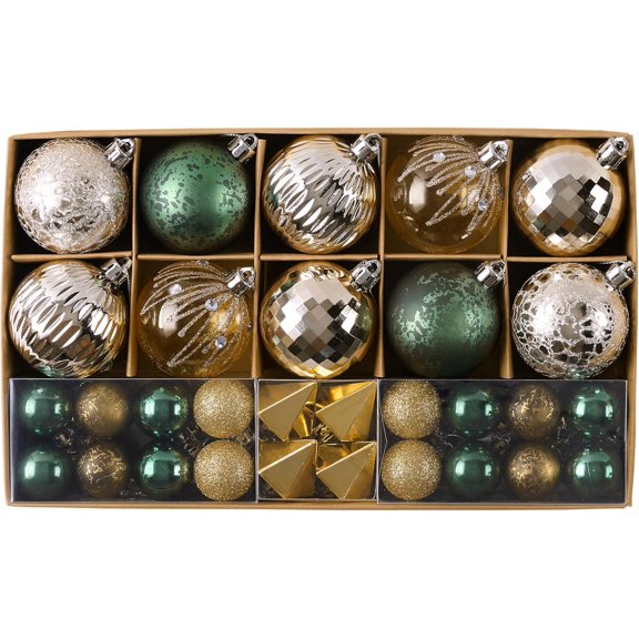 DecorbyHannah Christmas Tree Ornaments Set, 50ct Emerald Green Gold Christmas Ornaments for Tree Decorations, Assorted Shatterproof Plastic Hanging Ball Bulk for Xmas Holiday Indoor Party Decor