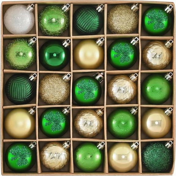 DecorbyHannah St Patricks Day Decorations Shamrock Irish Tree Ornaments Set, 25ct 1.18inches Mini Green Gold St. Patrick's Day Shatterproof Luck Clover Small Hanging Ornament for Christmas Day Party