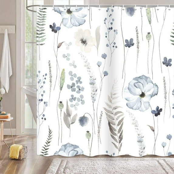 Decoreagy Extra Long Shower Curtain Liner 96 Inch Length, Taupe Light Blue Floral Botanical Shower Curtain Set for Bathroom, Water Resistant Polyester Fabric Machine Washable