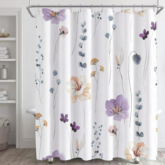 Decoreagy Long 72x96in Shower Curtain,Watercolor Floral Shower Curtain Sets,Purple Beige Flowers Bathroom Curtains,Modern Minimalist Bath Curtain, Waterproof Fabric with Hooks