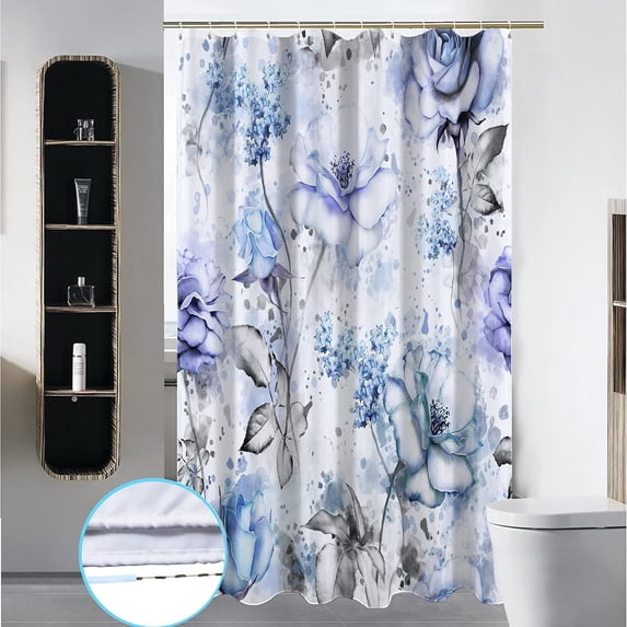 Decoreagy Stall 48"x72"Blue Flowers and Grey Leaves Shower Curtain Set with Hooks,Watercolor Rose Floral Bathroom Curtain,Modern Minimalist Waterproof Bath Curtains for Bathroom Decor