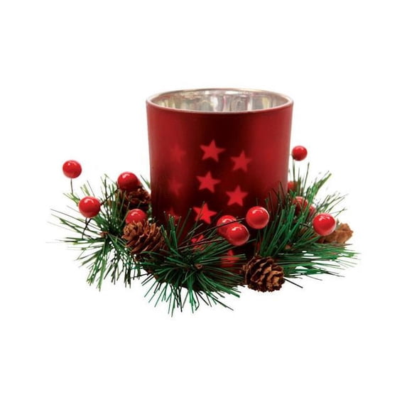 Decoris 9708884 Glass Tealight Holder with Berries & Pinecones, Red & Green - Pack of 24