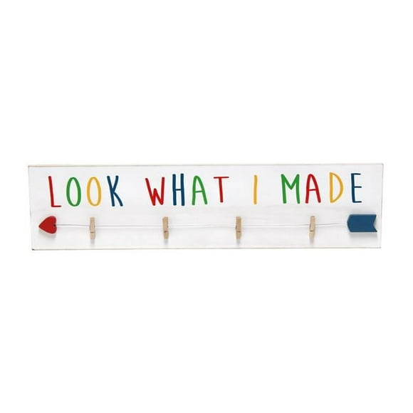 Decorix Farmhouse Wall Mounted Hanging 4 Photo Wooden Picture Frame Display with Clips Hearted Arrow and Look What I Made Script in Rainbow Text for Artwork, Drawings, Home Decor&#