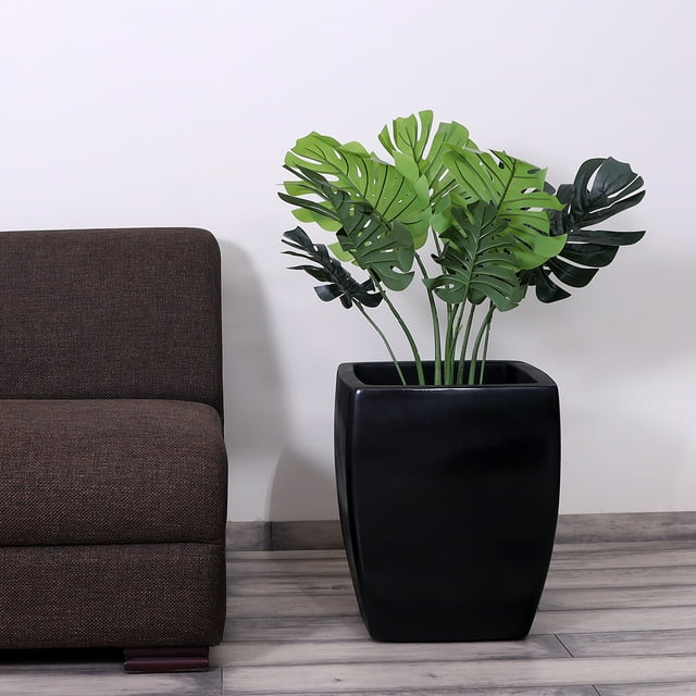 Decorlives Long Square Black Fiberglass Planters, Large Lightweight Indoor/Outdoor Pots 15x18