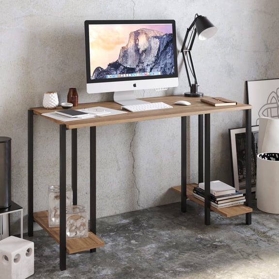 Decorotika Reader Modern Industrial Metal Computer/Writing Desk with Shelves, Walnut Black