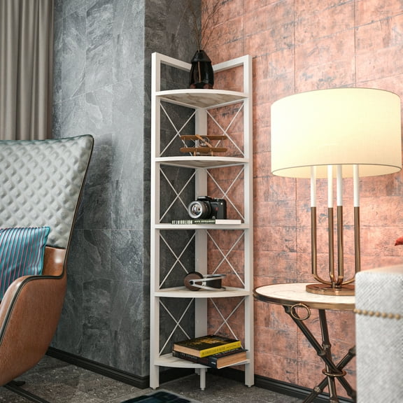 Decorotika Remo Wood & Metal Corner Bookcase- White Marble Pattern & White