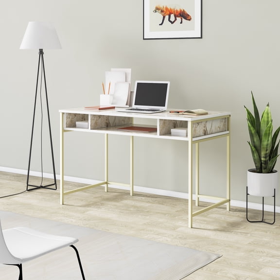 Decorotika Tumata Modern Industrial Metal Computer/Writing Desk with Shelves, Gold
