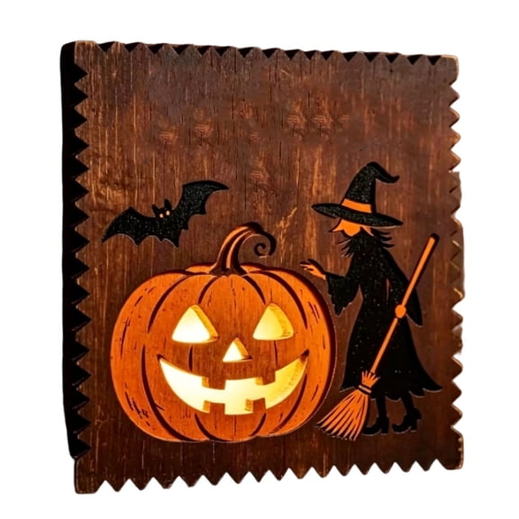 Decorr 11.8" Light Up Pumpkin Witch Bat Wall Hanging Sign, Vintage Wood Texture Resin Halloween LED Door Hanging Decor, Rustic Fall Indoor Outdoor Wall Ornament for Porch Window Home Decorations