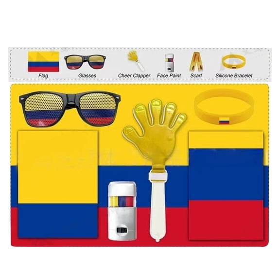 Decorr 14×12" International Soccer Fan Cheering Kit, Multi-National Flag Themed Game Day Accessories Set with Sunglasses, Hand Clapper, Face Paint & Scarf for Football Matches & World Cup (Colombia)