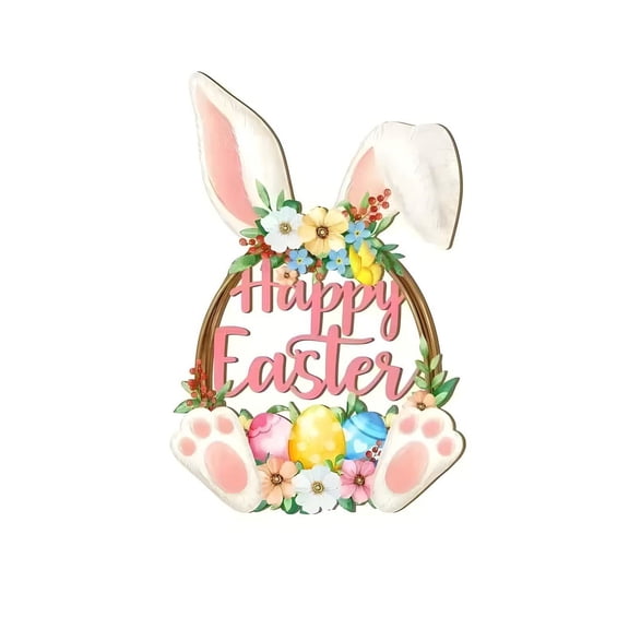 Decorr 14.5" Wooden Easter Decoration Door Wreath for Front Door Rabbit Spring Decoration, Hollow Bunny Sign Egg Welcome Hanging for Home Wall Decor Party Outdoor indoor Supply Happy Easter