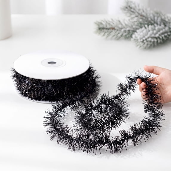 Decorr 16 Ft Glitter Christmas Tinsel Garland, Xmas Tinsel Wire Ribbon | Metallic Wire Garland on Spool, Black Tinsel Christmas Garland for Christmas Tree Birthday Party Decorations Supplies