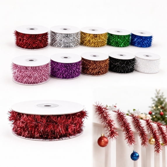 Decorr 16 Ft Glitter Christmas Tinsel Garland, Xmas Tinsel Wire Ribbon | Metallic Wire Garland on Spool, Red Tinsel Christmas Garland for Christmas Tree Birthday Party Decorations Supplies
