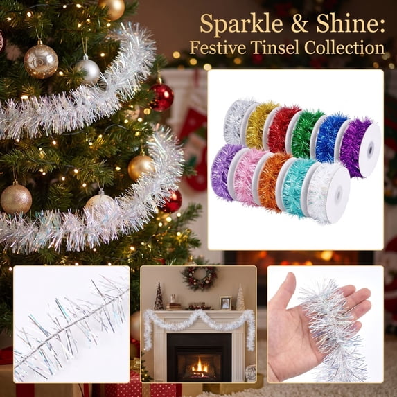Aximioll 16 Ft Glitter Christmas Tinsel Garland, Xmas Tinsel Wire Ribbon | Metallic Wire Garland on Spool, White Tinsel Christmas Garland for Christmas Tree Birthday Party Decorations Supplies