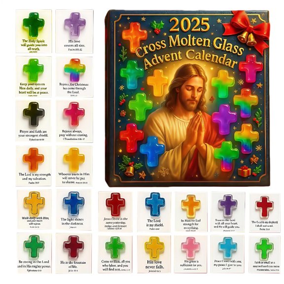 Decorr 2026 Cross Molten Glass Pocket Hug Advent Calendar, 24-Day Christmas Cross Advent Countdown with Stained Glass Crosses, Christian Holiday Calendar, Inspirational Bible Verses