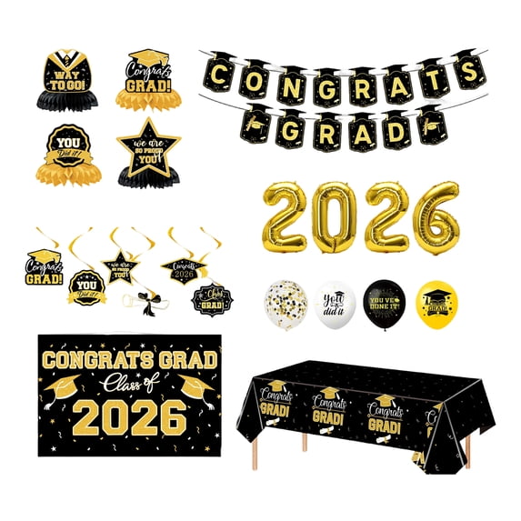 Decorr 2026 Graduation Party Decorations, 7-Pack Black & Gold Congrats Grad Set with Banner, Balloons, Tablecloth, Honeycomb Centerpieces & Swirls for Class of 2026 Grad Party Supplies