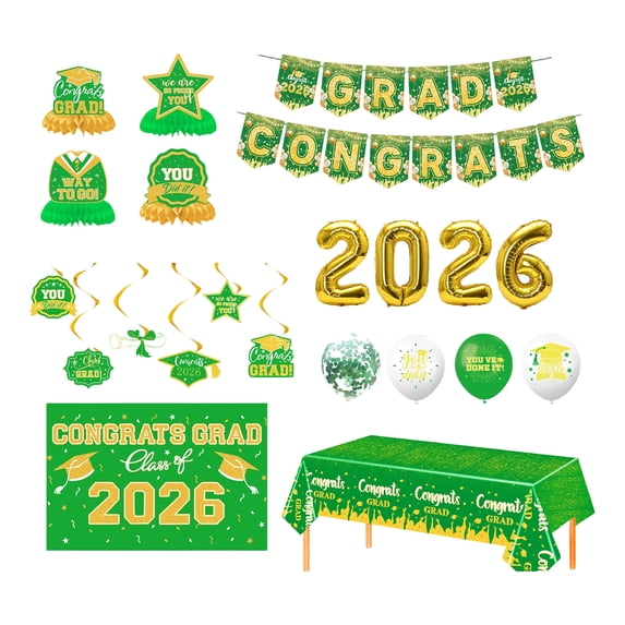 Decorr 2026 Graduation Party Decorations, 7-Pack Green & Gold Congrats Grad Set with Banner, Balloons, Tablecloth, Honeycomb Centerpieces & Swirls for Class of 2026 Grad Party Supplies