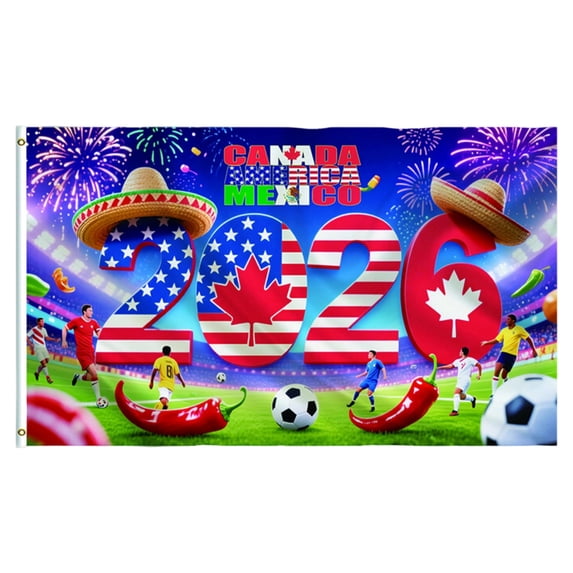 Decorr World Soccer Fan Flag, 5×3 FT Football Fan Cheering Banner US-Canada-Mexico Themed Soccer Banner with Brass Grommets, Durable Polyester Flag for Stadium, Watch Party & Outdoor Decor