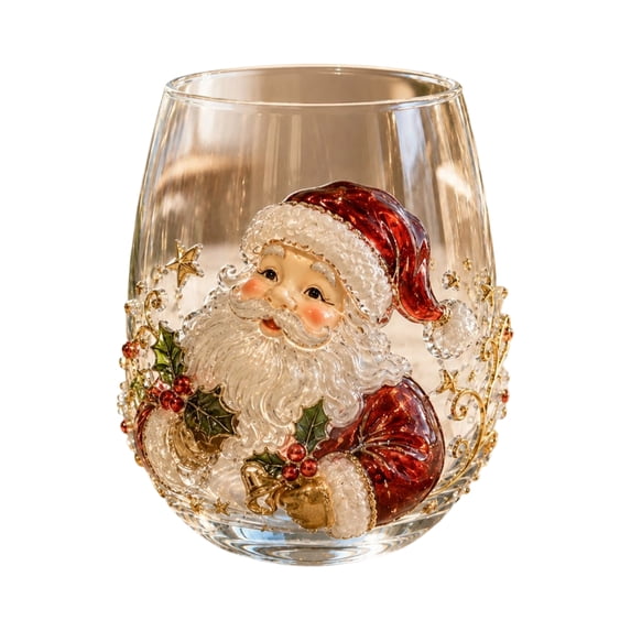 Decorr 3.9x3 Inch Christmas Embossed Art Stemless Wine Glasses, Santa Pattern Glass Cups, Decorative Clear Glass Tumbler for Holiday Tabletop Party Bar Home Decor Gifts