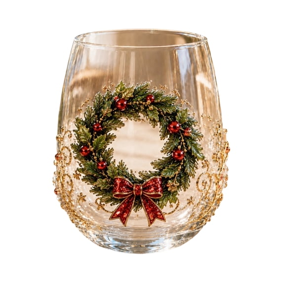 Decorr 3.9x3 Inch Christmas Embossed Art Stemless Wine Glasses, Wreath Pattern Glass Cups, Decorative Clear Glass Tumbler for Holiday Tabletop Party Bar Home Decor Gifts
