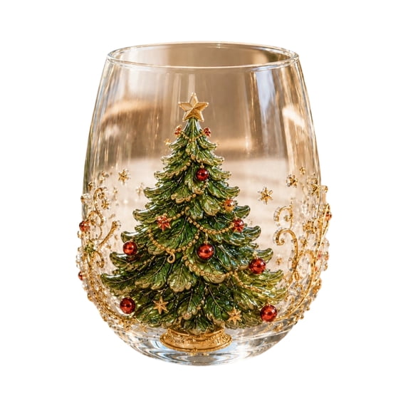 Decorr 3.9x3 Inch Christmas Embossed Art Stemless Wine Glasses, Xmas Tree Pattern Glass Cups, Decorative Clear Glass Tumbler for Holiday Tabletop Party Bar Home Decor Gifts