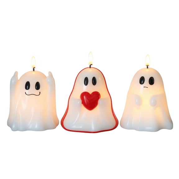 Decorr 3 Pack Halloween Flameless LED Candles, 4.7" Battery Operated White Ghost Tea Light Lamp with 3 Expressions, Halloween Decorations for Tabletop Mantel Indoor