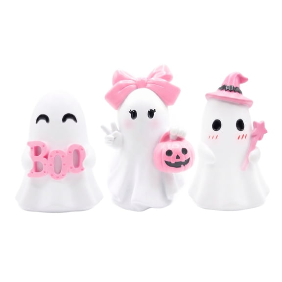 Decorr 3 Pcs Halloween Pink Ghost Figurine Decorations, 3.9 Inch Pastel Boo Ghost Tabletop Statues, Farmhouse Tiered Tray Decor, Spooky Cute Halloween Pink Theme Home Decor Gift