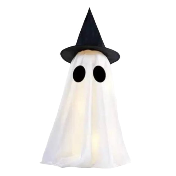 Decorr 31" Light Up Ghost Halloween Decor, Glowing Fabric Standing Ghost Ornament with Black Witch Hat, Halloween Decorations for Indoor Outdoor Porch Courtyard Tabletop