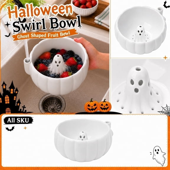 Decorr 3x6" Halloween Swirl Fruit Bowl, White Pumpkin Shaped Drain Bowl with Built-In Ghost Strainer, Multi-Purpose Kitchen Fruit Vegetable Washing Colander for Kitchen Picnic Home Restaurant