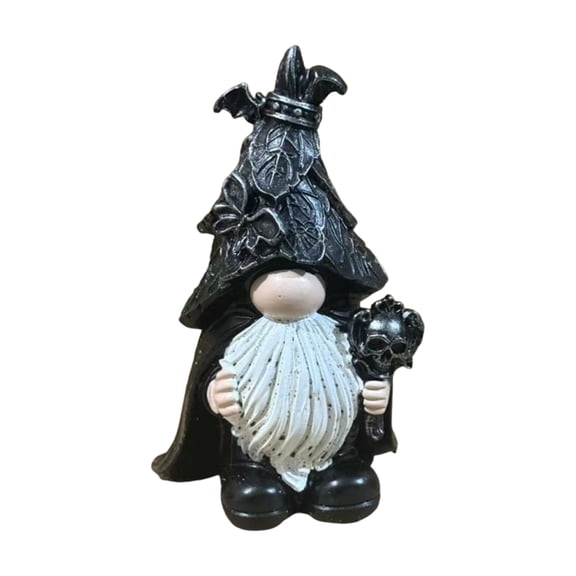 Decorr 4.72" Gothic Resin Gnome Statue, Black Leaf Hat Skull Staff Halloween Tabletop Figurine, Spooky Dark Aesthetic Dwarf Ornament, Halloween Decorations for Tiered Tray Mantel & Indoor Party