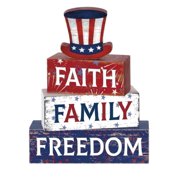 Decorr 4th of July Patriotic Wooden Block Decor, 7.6" Faith Family Freedom Uncle Sam Hat Sign, Rustic Red White Blue Star Tiered Tray Decor for Independence Day Memorial Day Home Decor