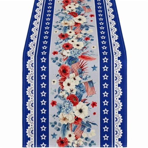 Decorr 4th of July Table Runner, Patriotic Table Runner with Popsicle, Star & Floral Prints, Red White Blue 4th of July Decorations for Dining, Kitchen & Party, 72x12"