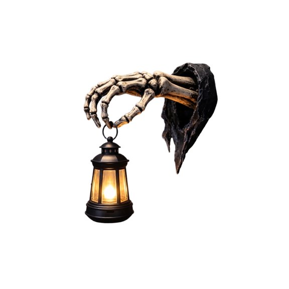 Decorr 5.9 Inch Halloween Skeleton Hand Wall Lantern Decor, Resin LED Skeleton Wall Sconce with Hanging Mini Lamp, Spooky Gothic Halloween Decorations for Haunted House Indoor Wall Ornament