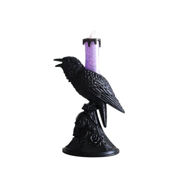 Decorr 7.8" Halloween Crow LED Candle Light, Black Raven Flameless Candle Holder, Gothic Skull Rose LED Lamp for Spooky Halloween Decor (Purple)