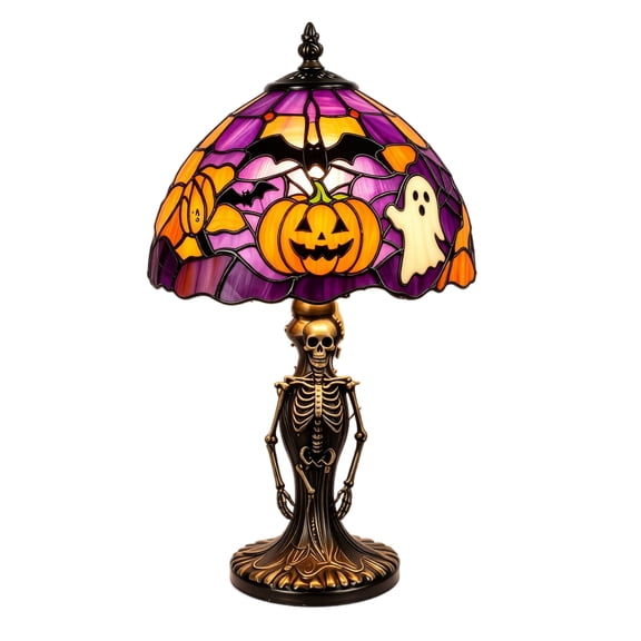 Decorr 7.87 Inch Halloween Skeleton Table Lamp, Resin Stained Glass Style Shade with Pumpkin Ghost Bat Pattern, Spooky Halloween Night Light for Desktop Bedside Home Decor & Holiday Gift