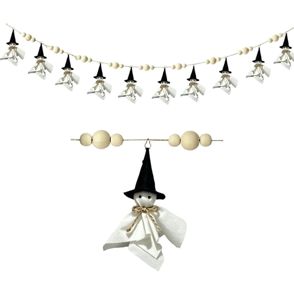 Decorr 78.7" Halloween Ghost Witch Garland, Natural Wooden Bead Hanging Banner with Handmade Ghost Doll Ornaments, Neutral Farmhouse Halloween Decorations for Wall & Mantel