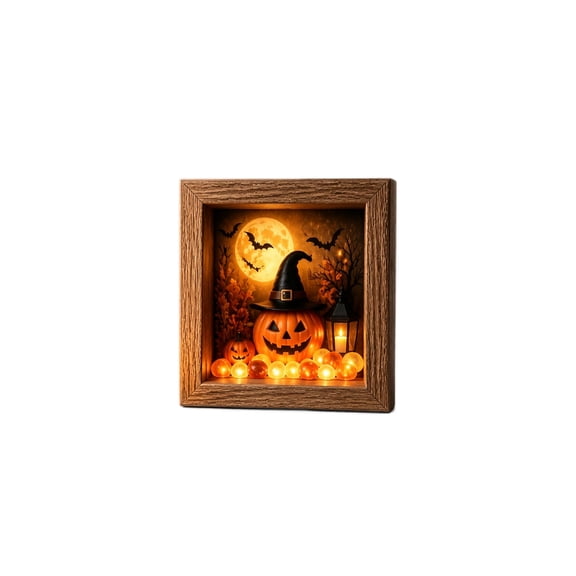 Decorr 8.3" Light Up Halloween Shadow Box Frame, 3D Layered Witch Hat Pumpkin LED Night Light, Halloween Decoratons, Dual Use Tabletop Wall Hanging Farmhouse Fall Mantel Decor