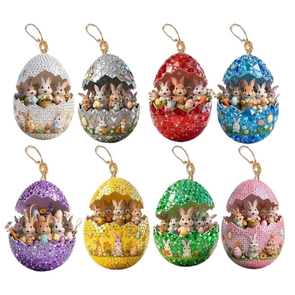 Decorr 8 Pcs Easter Glitter Hanging Eggs Ornaments for Tree Multicolor Eggs 3.15" Hanging Pendants 2D Wooden Cartoon Bunny Designs Hanging Bunny Ornament for Home DIY Craft Easter Decorations