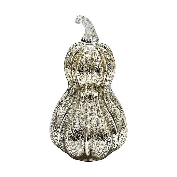 Decorr 9.1" Glass Light Up Pumpkin Decor, LED Glowing Gourd Pumpkin Tabletop Lamp, Silver & Gold Crackle Glass Pumpkin Light for Fall Thanksgiving Halloween Farmhouse Home Table Decorations
