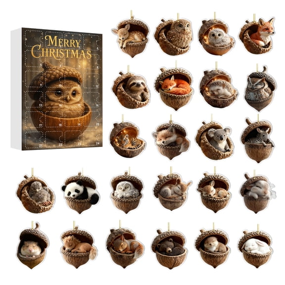Decorr Acorn Woodland Animal Advent Calendar, 24Pcs Acrylic Ornament Blind Box, Cute Squirrel Fox Panda Acorn Critter Christmas Tree Hanging Charms, Christmas Gifts for Kids Nature Cottage Lovers