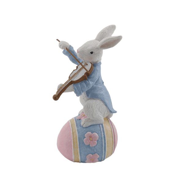 Decorr Easte Bunny Figurines, 7"Resin Sequined Bunny Statue Lute & Violin Playing Egg Ornaments, Spring Festive Tabletop Decor Easter Bunny Decorations for Desk Living Room Bedroom(Blue)