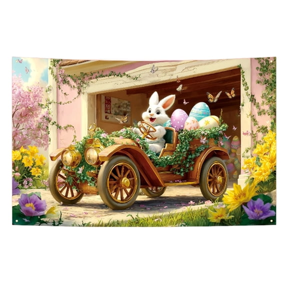 Decorr Easter Banner with Bunny & Eggs - Large Happy Easter Party Decor, Photo Booth Background for Home, School, Festival Celebration & Holiday Atmosphere Decoration(70.9×45.3")