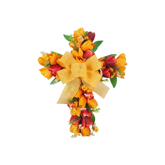 Decorr Easter Cross Wreath, 17" Yellow Tulip & Ribbon Spring Door Hanging, Artificial Floral Cross for Front Door Wall, Christian Holiday Wedding Decor, 1*Wreath