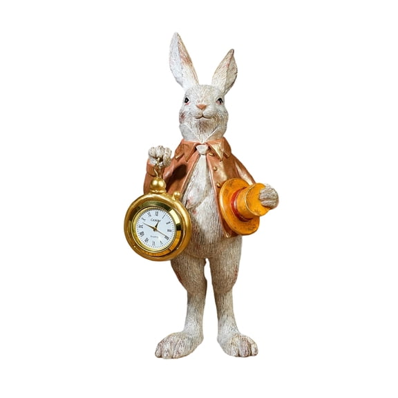 Decorr Easter Decoration,Brown Easter Gentleman Rabbit Clock, 8.27" Top Hat Bunny with Pocket Watch Resin Decor, Functional Home Desk Clock for Shelf, Mantel, Desk, Creative Easter Gift