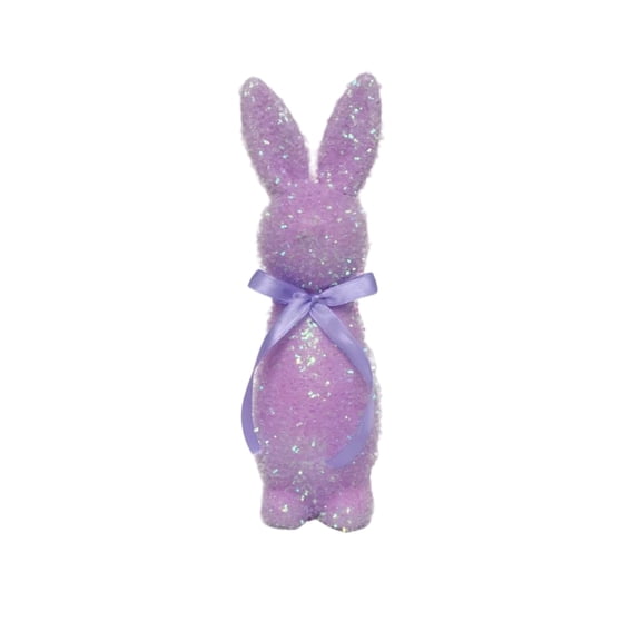 Decorr Easter Decorations Flocked Bunnies Figurine with Bow tie 9.6" Flocking Rabbit Tabletop Ornament for Easter Centerpieces for Spring Home Office Table Decor, Party Supplies(Purple)