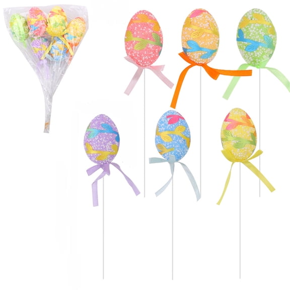 Decorr Easter Egg Cuttings 6 Pcs Colorful Patterned Foam Reusable Hanging Ornaments with Ribbons for Easter Tree Decorations, Festive Party Home Scene Layout Supplies,8.26"