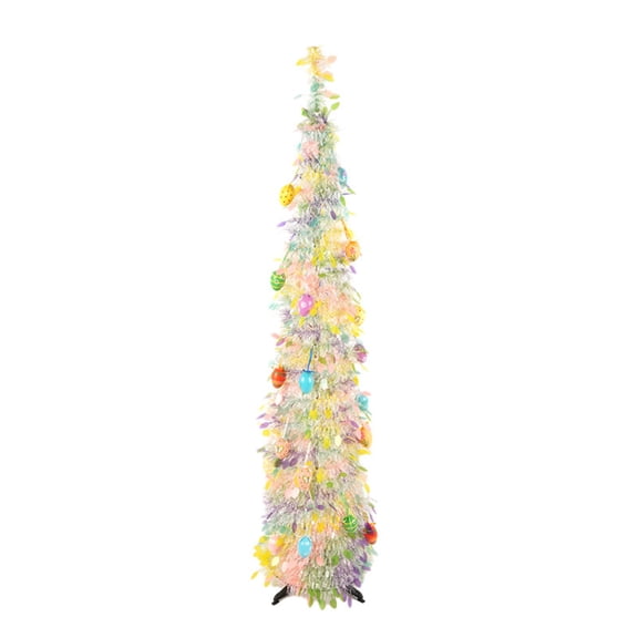 Decorr Easter Tinsel Tree, 5FT Artificial Pop Up Pencil Tree Decorations Spring Easter Flower Tabletop Decor for Home Party Birthday Holiday